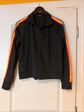 Flamingals Black Track Jacket with Rainbow Sleeve Stripes Women’s Size Small